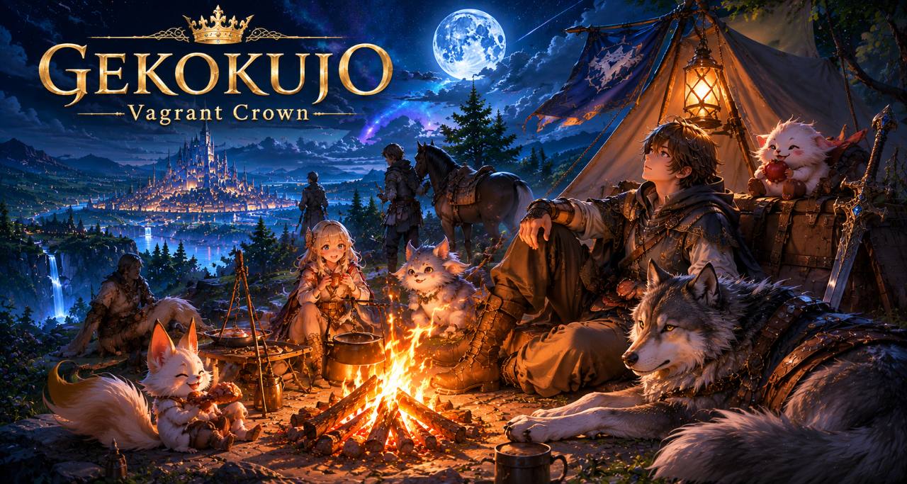 GEKOKUJO: Vagrant Crown キービジュアル。狼の相棒と辺境の村を見下ろす旅人。
